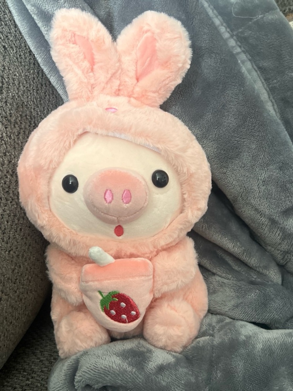 Plush Pink Bunny Piglet Stuffed Toy with Strawberry Cup